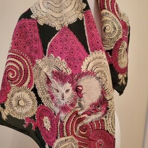 Scarf WHIMSICAL Pattern With Cats/Bows With Red/Cream Cotton Blend